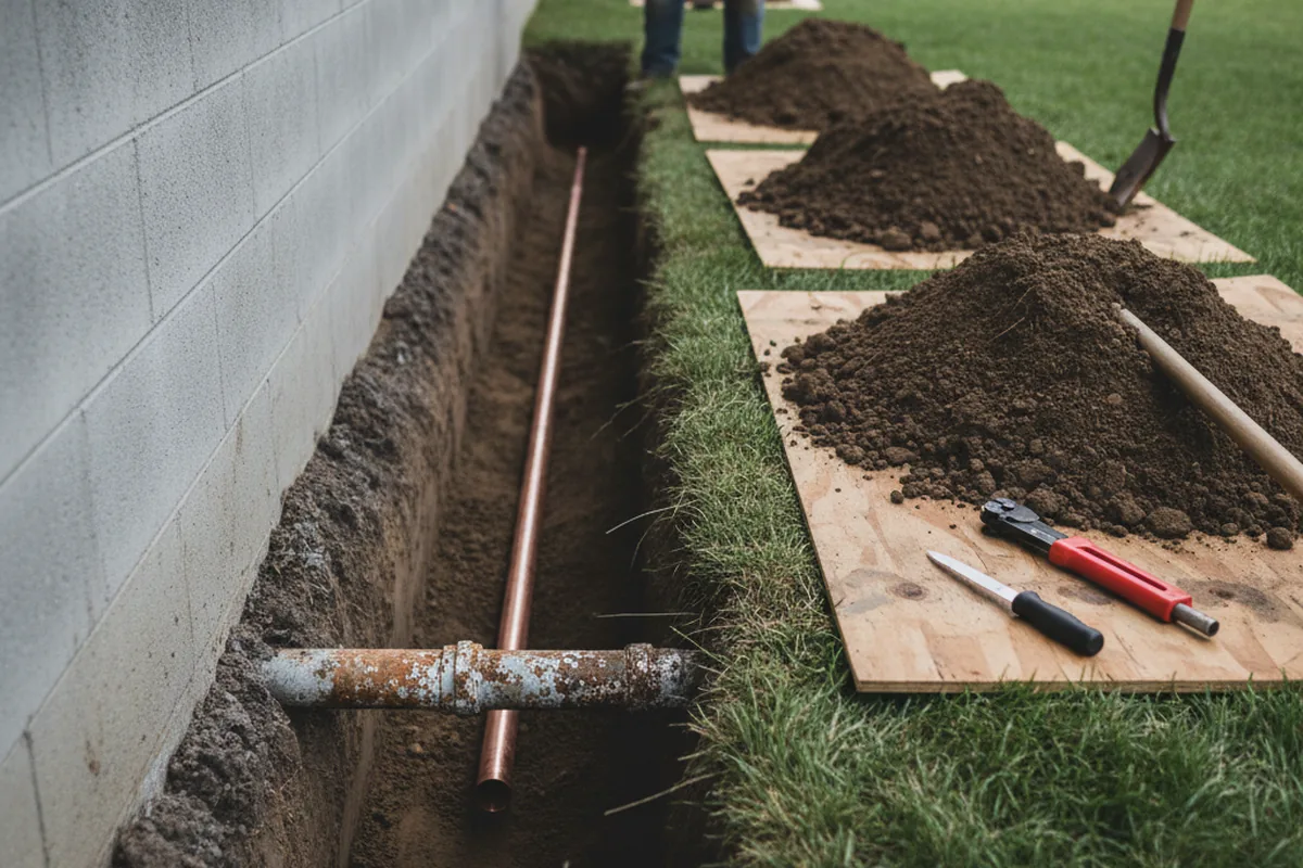 Excavated water line trench during Water Heater Repair in Yukon